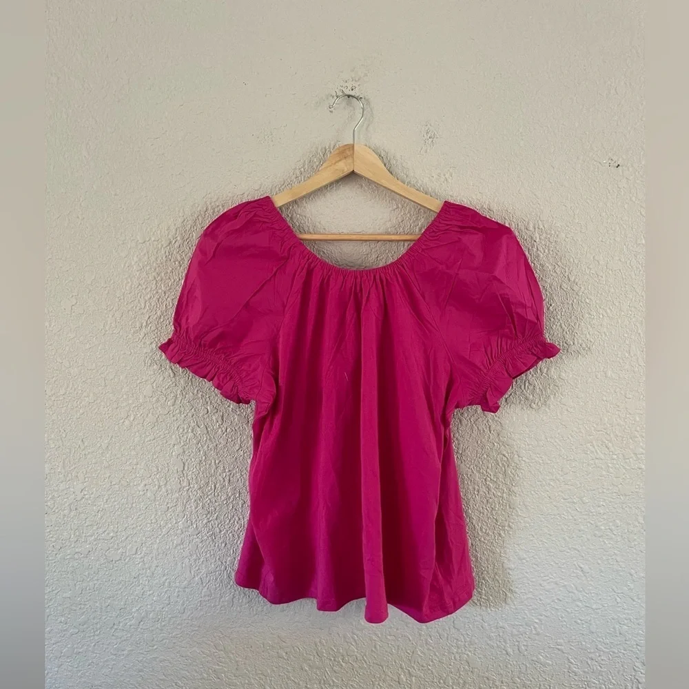 J. Crew Hot Pink Puff Sleeve Scoop Neck Top